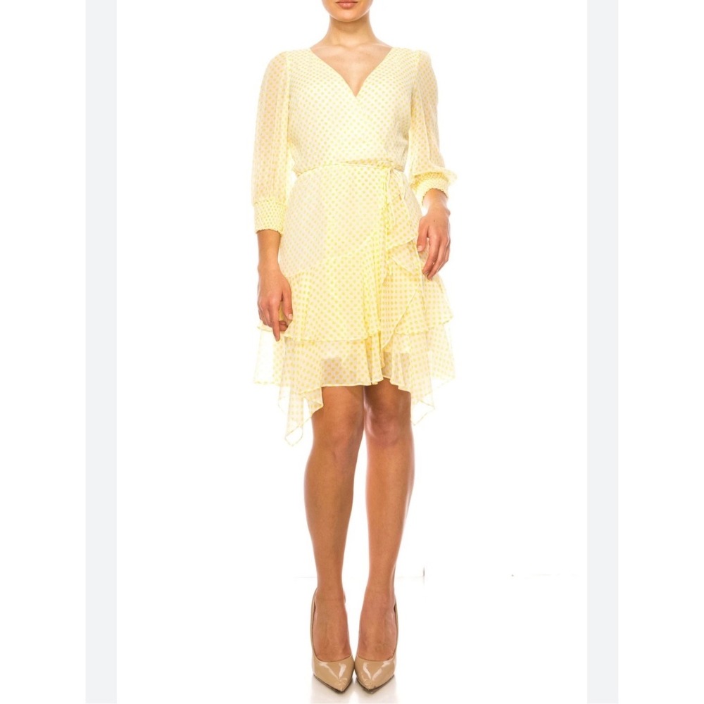 Maison Tara Yellow Polka Dot Chiffon Ruffle Wrap Dress‎ 14W NEW